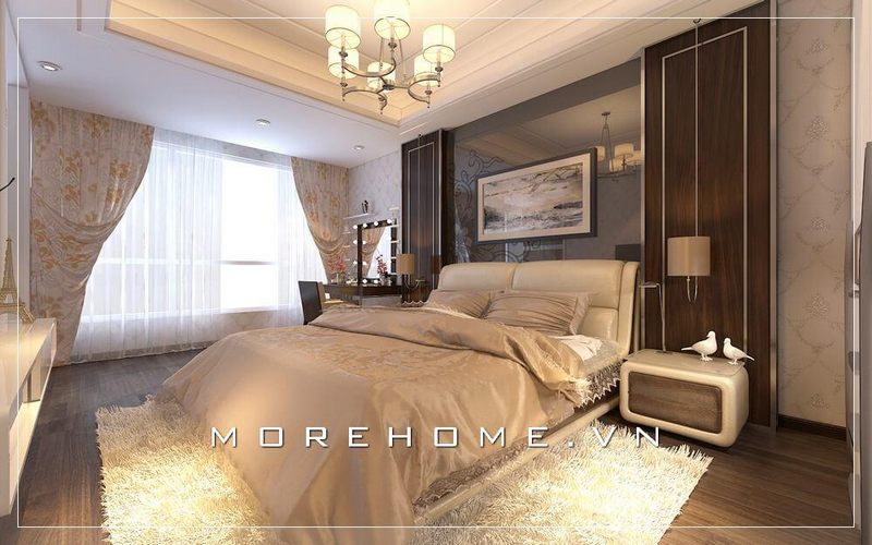 Mẫu giường ngủ gỗ tự nhiên bọc da cao cấp với gam màu be sang trọng hiện đại